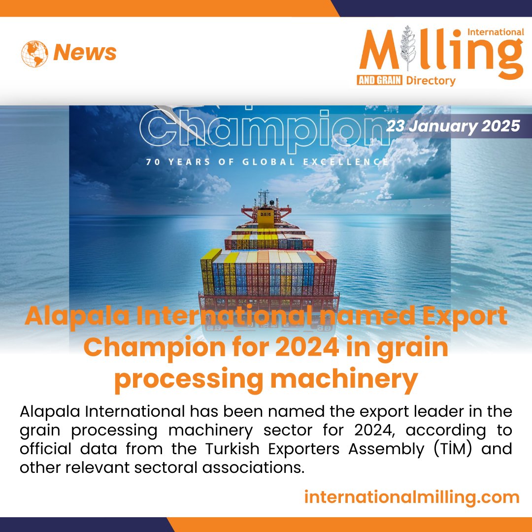 IntlMilling's tweet photo. Alapala International has been named the export leader in the grain processing machinery sector for 2024, according to official data from the Turkish Exporters Assembly (TİM) and other relevant sectoral associations.
#Alapala #GrainProcessingTechnology #Grain https://t.co/mqag9m6Y0F