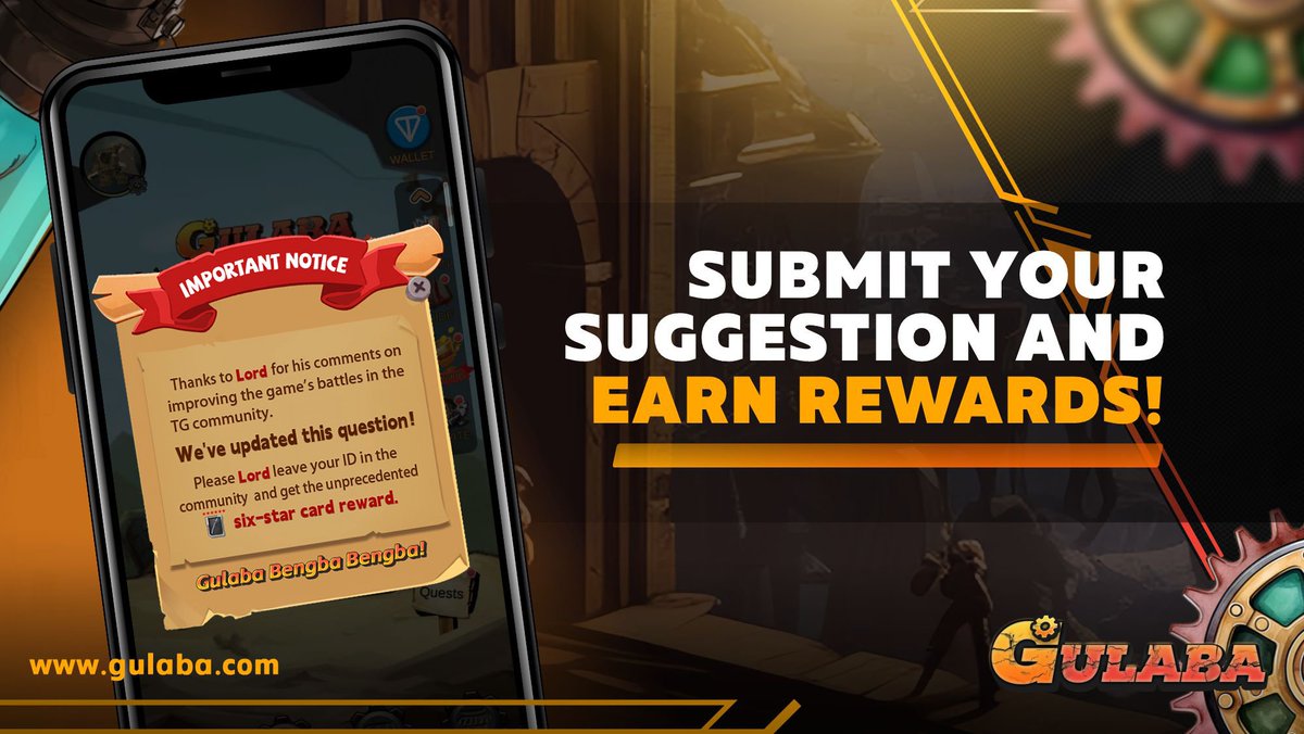 🙏 We would like to thank the Lord for his valuable contribution. 🙌 Your suggestions make GULABA a better game! 🎮✨
💎 Contribute and receive unprecedented SIX-STAR card rewards! 🌟
Let’s build an epic adventure together! ⚔🔥