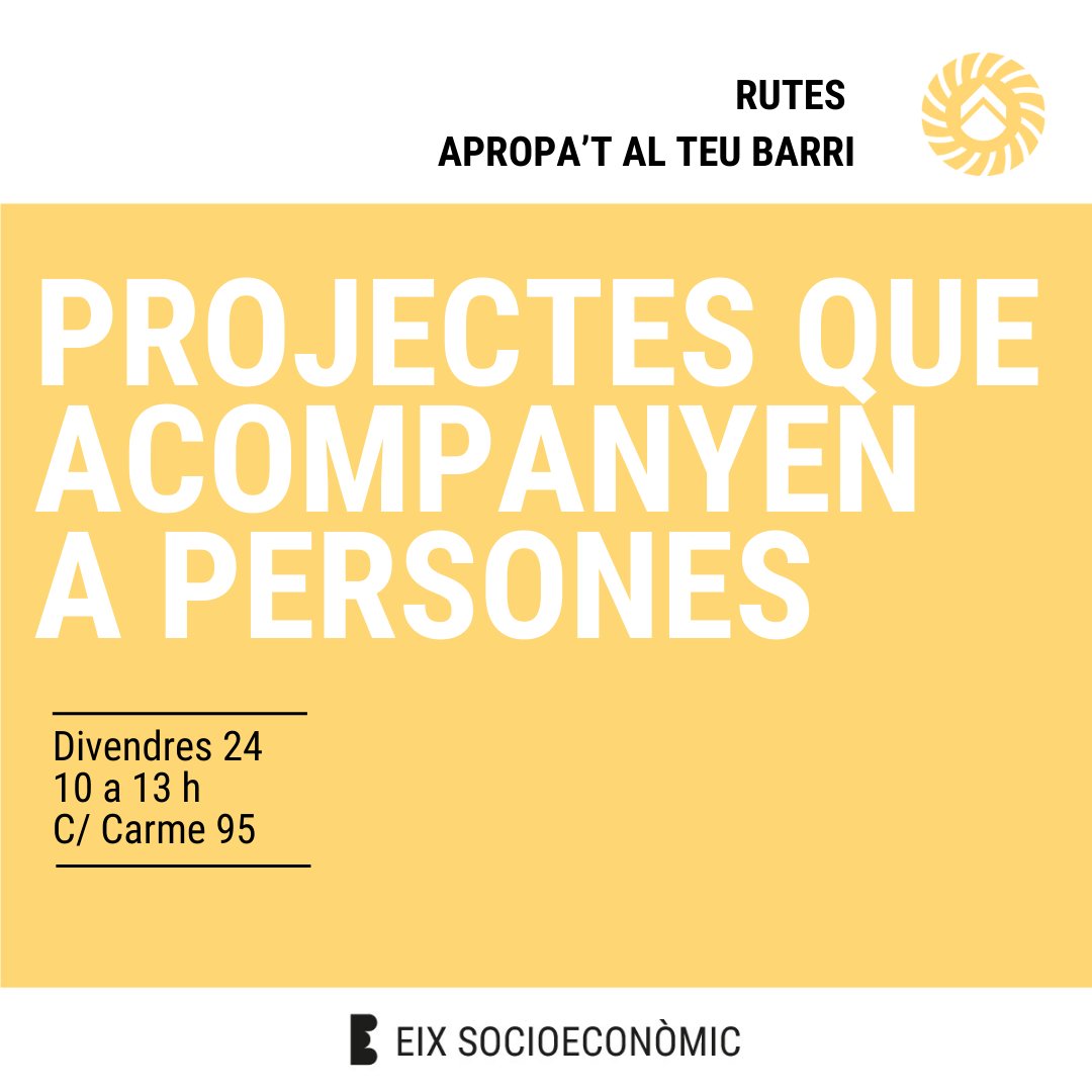 Vols conèixer què està passant als barris de <a href="/Bcn_CiutatVella/">Districte de Ciutat Vella</a> i quines alternatives de consum, de treball i vida tens a l'abast? Coneix els projectes que acompanyen a persones de <a href="/Metzineres_org/">Metzineres</a>, <a href="/ServeiCivilCat/">SCI Catalunya</a>, <a href="/arcoirisbcn_org/">ArcoirisBarcelona.org</a> i <a href="/fundaciobayt/">Bayt al-Thaqafa</a>
📆Demà
🔗 tuit.cat/nl253