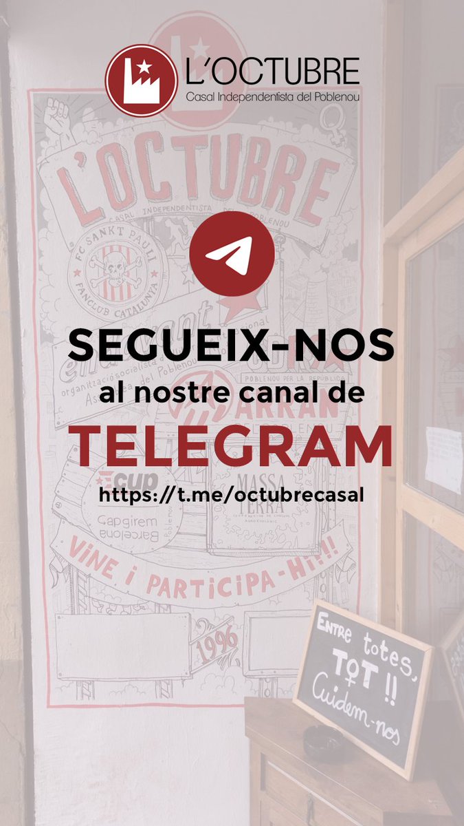 Psst, psst estimats seguidors i seguidores de l'Octubre, Casal Independentista del Poblenou 🚩 que esteu marxant d'aquí. Abans de fer-ho no oblideu seguir-nos a l'Instagram @octubrecasalpoblenou o al nostre canal de Telegram per mantenir-vos informades de la nostra activitat.😉