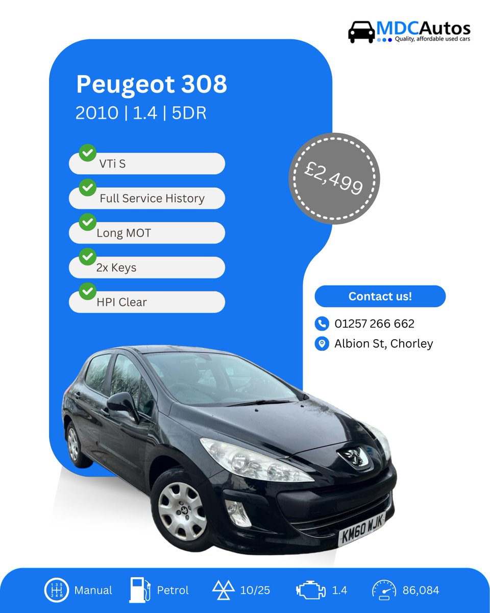 MDCAutosChorley's tweet photo. Looking for a stylish, reliable, and practical car? This Peugeot 308 ticks all the boxes.

Call us at 01257 266 662 or visit our website to
learn more.

#UsedCars #UsedCarsChorley #CarsForSaleChorley #SecondHandCars #Chorley #PartExchange #ChorleyCars #Peugeot308 https://t.co/urcWkhDnXs
