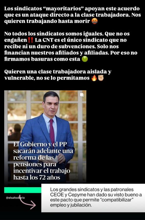 CNT_Valencia's tweet photo. ¿La jubilación a los 72 AÑOS 🤪 ?

Los sindicatos como CC.OO. y UGT apoyan esta medida. El estado ha incrementado las subvenciones a estos sindicatos mucho en los últimos años

CNT es el ÚNICO sindicato que no recibe SUBVENCIONES

¿Quién podrá lucha mejor por tus derechos? https://t.co/cKoAcCX6ba