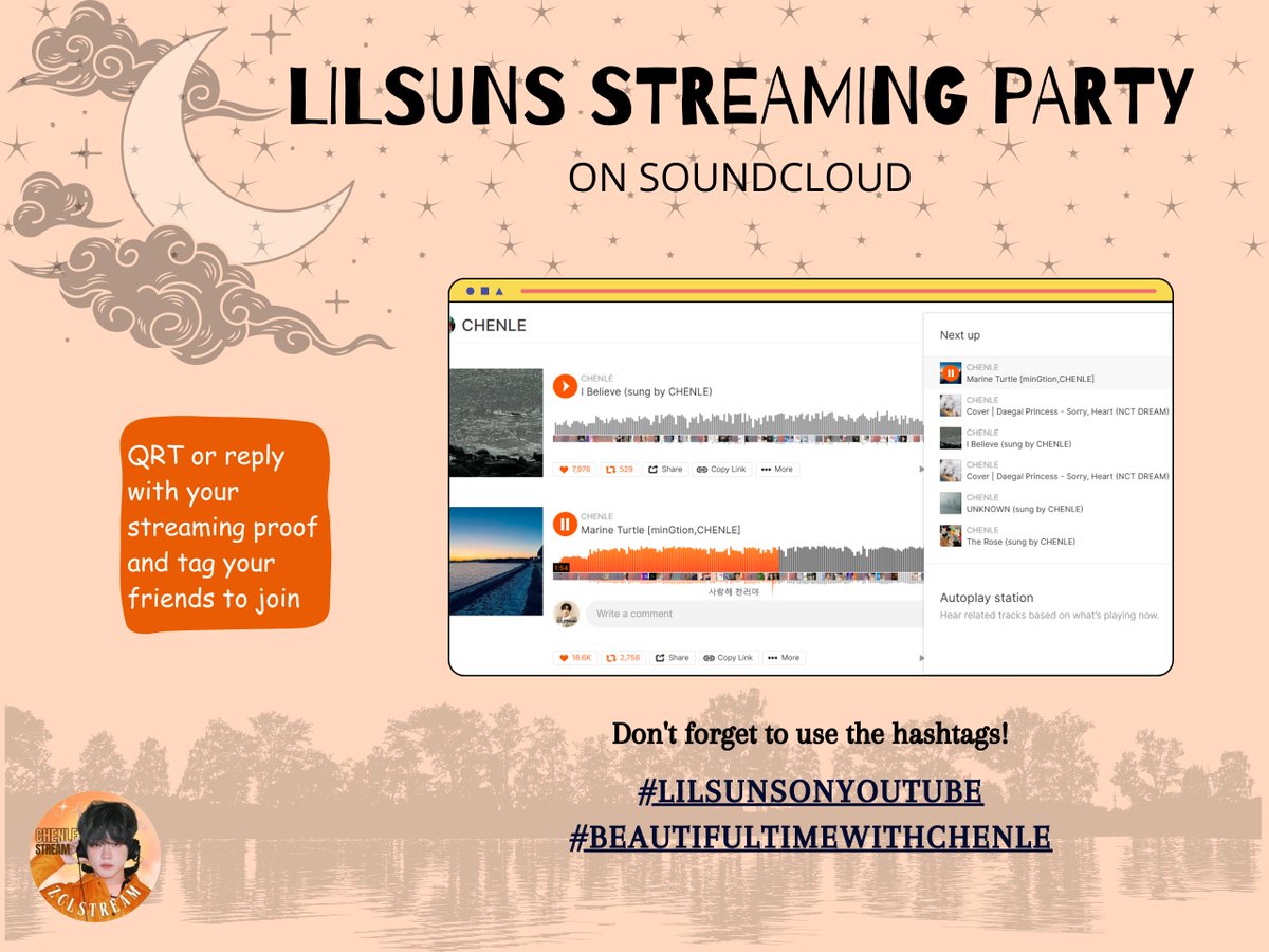 ZCLSTREAM's tweet image. 🎹 LILSUNS STREAMING PAWTY ON SOUNDCLOUD🎤

Time to show some love! Join the SoundCloud streaming party, let’s make his music shine and keep his voice unforgettable.

📎 shorturl.at/NwdwZ

☆ Run to SoundCloud🏃
☆ Stream all of Chenle's songs on SoundCloud🎵
☆ QRT and tag
