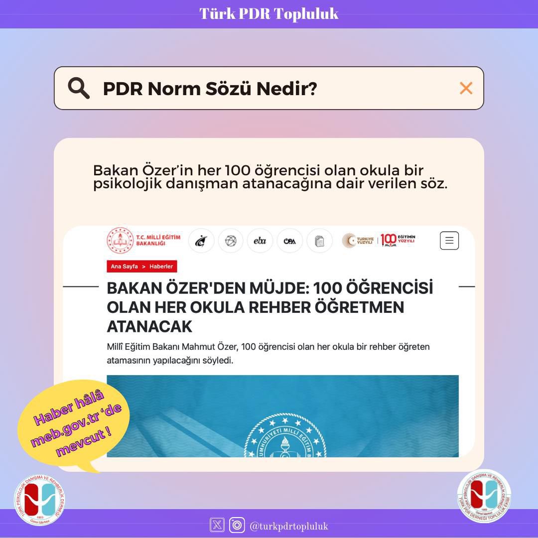 PDR Norm Sözü 2 senedir sözü verilmesine rağmen tutulmayan okullarda psikolojik danışman normudur

Söz verildiği şekilde her 100 öğrencisi olan okula bir an önce amasız ve fakatsız psikolojik danışnman atanmalıdır

<a href="/Yusuf__Tekin/">Yusuf Tekin</a> 
<a href="/farukyelkenci/">Ömer Faruk Yelkenci</a> 

#VakitPDRnormu