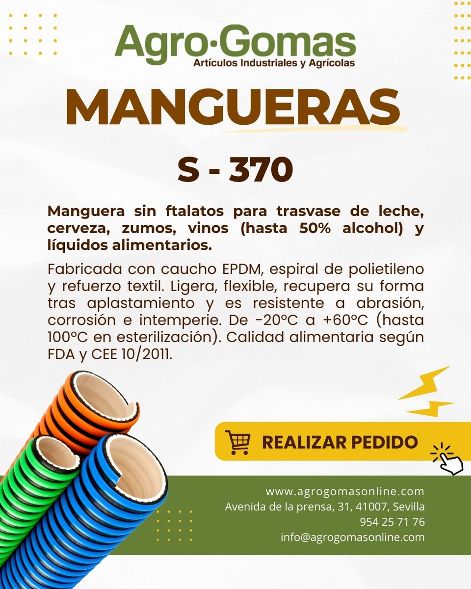 AgroGomas's tweet photo. 🚰 Manguera Alimentaria EPDM:
✔️ Calidad alimentaria (FDA y CEE 10/2011)
✔️ Ligera, flexible y resistente a la abrasión
✔️ Ideal para leche, zumos, vinos y más (hasta 50% alcohol)
🌡️ Temp: -20ºC a +60ºC (100ºC para esterilización)
#CalidadIndustrial 🍷 https://t.co/h2pCcpduL8