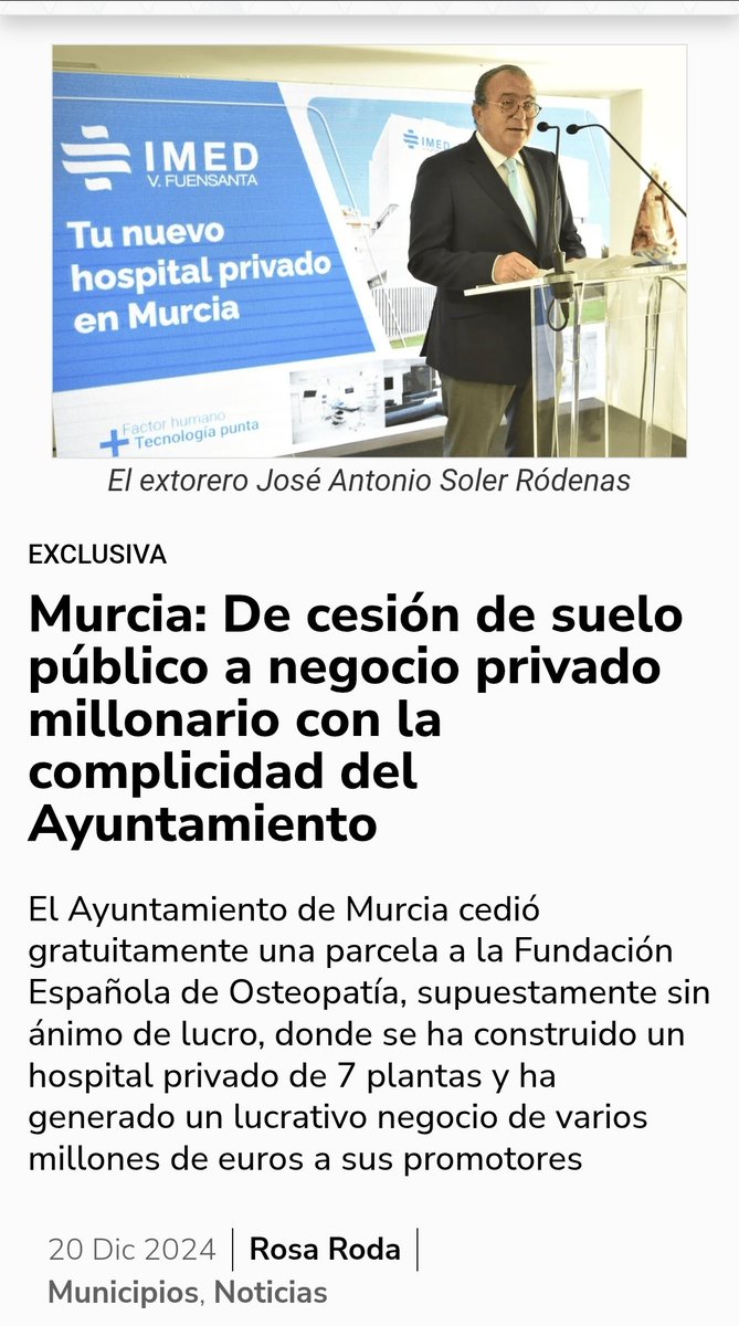 GinesRuizMacia's tweet photo. Se abandona lo público, y se derivan los fondos (y los terrenos) a lo privado.

Ayer en #Fitur el Alcalde Ballesta a esto lo llamaba libertad, y el Presidente López Miras...bueno, el Presidente dijo que llevaba muchos calzoncillos. No es broma.

Nos han convertido en un chiste. https://t.co/G3cIqU7BYO