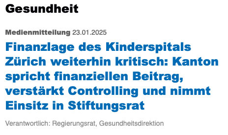 Endlich: Die Regierung übernimmt GRÜNEN Forderung und nimmt ihre Steuerungsaufgabe im #Kinderspital ernst. Der Einsitz im Stiftungsrat ist sehr zu begrüssen!

Schade nur, dass es dazu erst ein Finanzdesaster und einen riesigen Batzen des Kanton Zürich brauchte.💀
