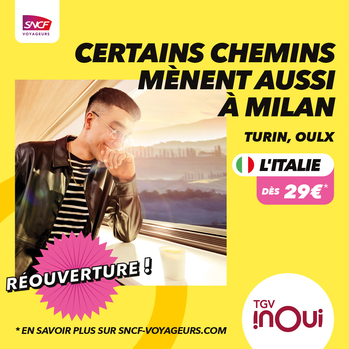 Dès aujourd'hui, réservez vos billets pour l'Italie 🇮🇹 pour des voyages à partir du 31 mars !
Nos TGV INOUI desserviront à nouveau Milan, Turin et tutti quanti 😉!  Prochain arrêt : l’Italie🤌 
+ d 'infos : urls.fr/f8GoEd
