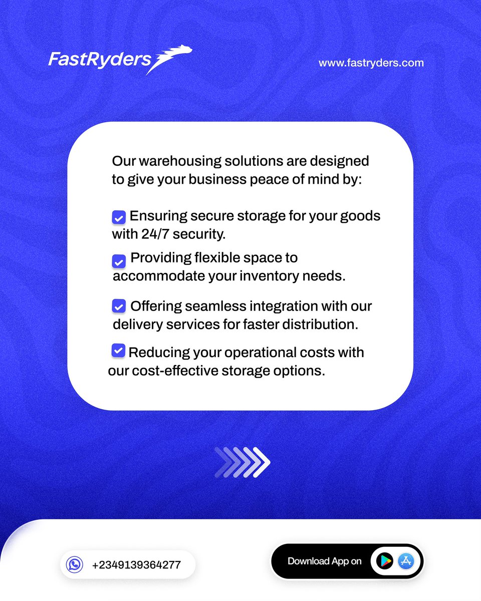 FastRydersNG's tweet photo. We are tested, trusted and approved! Don’t let storage challenges slow your business down. 
.

#businessowners #fastrydersapp #smallbusinessowner #fastryders #sme #logisticscompany #lagosdispatch #businessownersinnigeria #warehousinginlagos #dispatchridersinlagos #solutions https://t.co/I4R0W1tkqN
