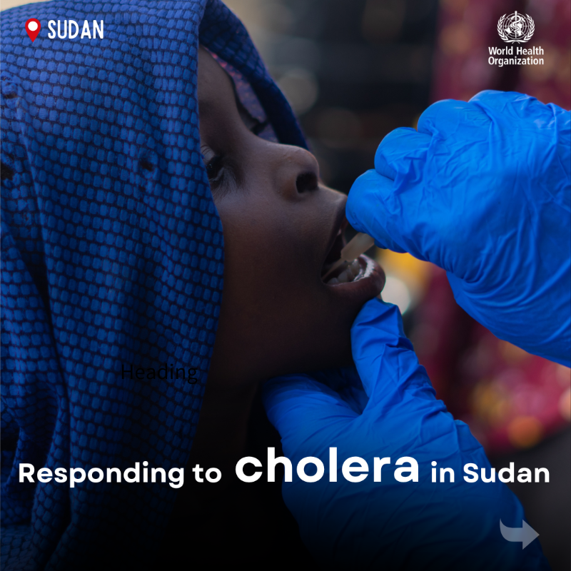 WHO's tweet photo. The ongoing #cholera outbreak in #Sudan is triggered by 

⚠️ Lack of access to sanitation &amp; water, 
⚠️ Overcrowding in sites for displaced people, 
⚠️ Escalating conflict. 

Over 51 200 people have fallen ill &amp; 1 300+ have died. 

WHO is supporting those affected.