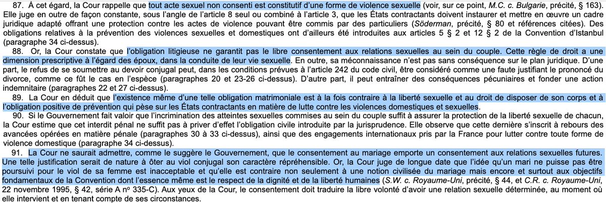 Important : La CEDH juge que l'existence même du "devoir conjugal" viole la liberté sexuelle &amp; le droit de disposer de son corps.

Et fustige le Gouvernement français qui a osé suggérer que... "le consentement au mariage emporte un consentement aux relations sexuelles futures" 🙃