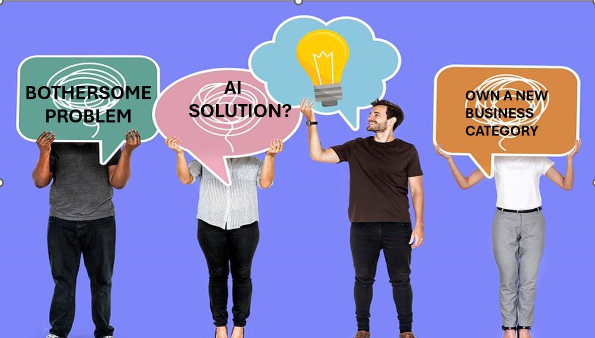 masterfulcoach's tweet photo. OWN YOUR CATEGORY Find a customer with a problem that cant be solved today then brainstorm how it could be solved with AI.  If your persistent you just might wind up owning a new category and becoming a billionaire. 
  (gy) https://t.co/0YX4dOicSc