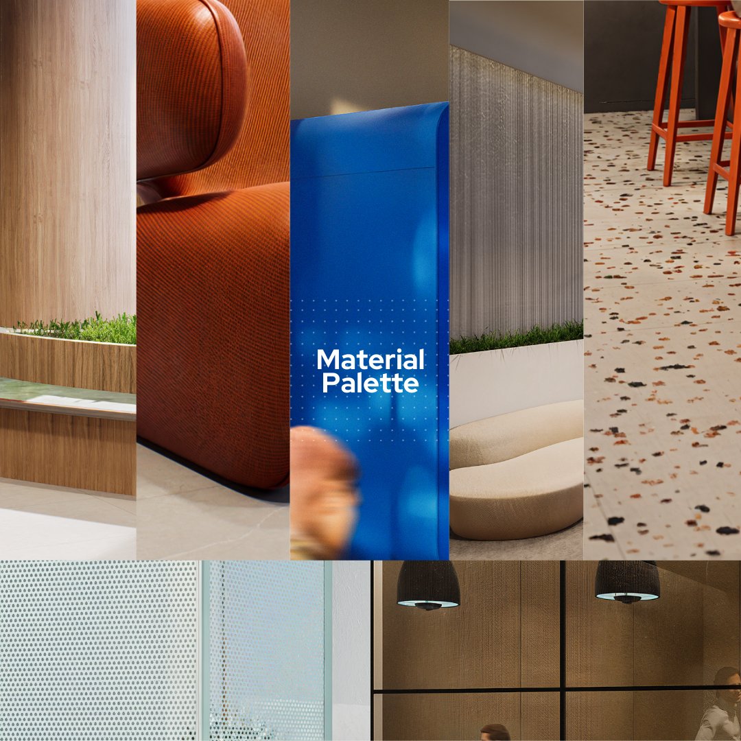 Our latest #officedesign project is a testament to adaptability and vision. The #design pairs serene natural tones in public areas with vibrant blue and orange accents in private zones, balancing industrial #textures like #mosaic and #concrete with warm #wood and #glass finishes.