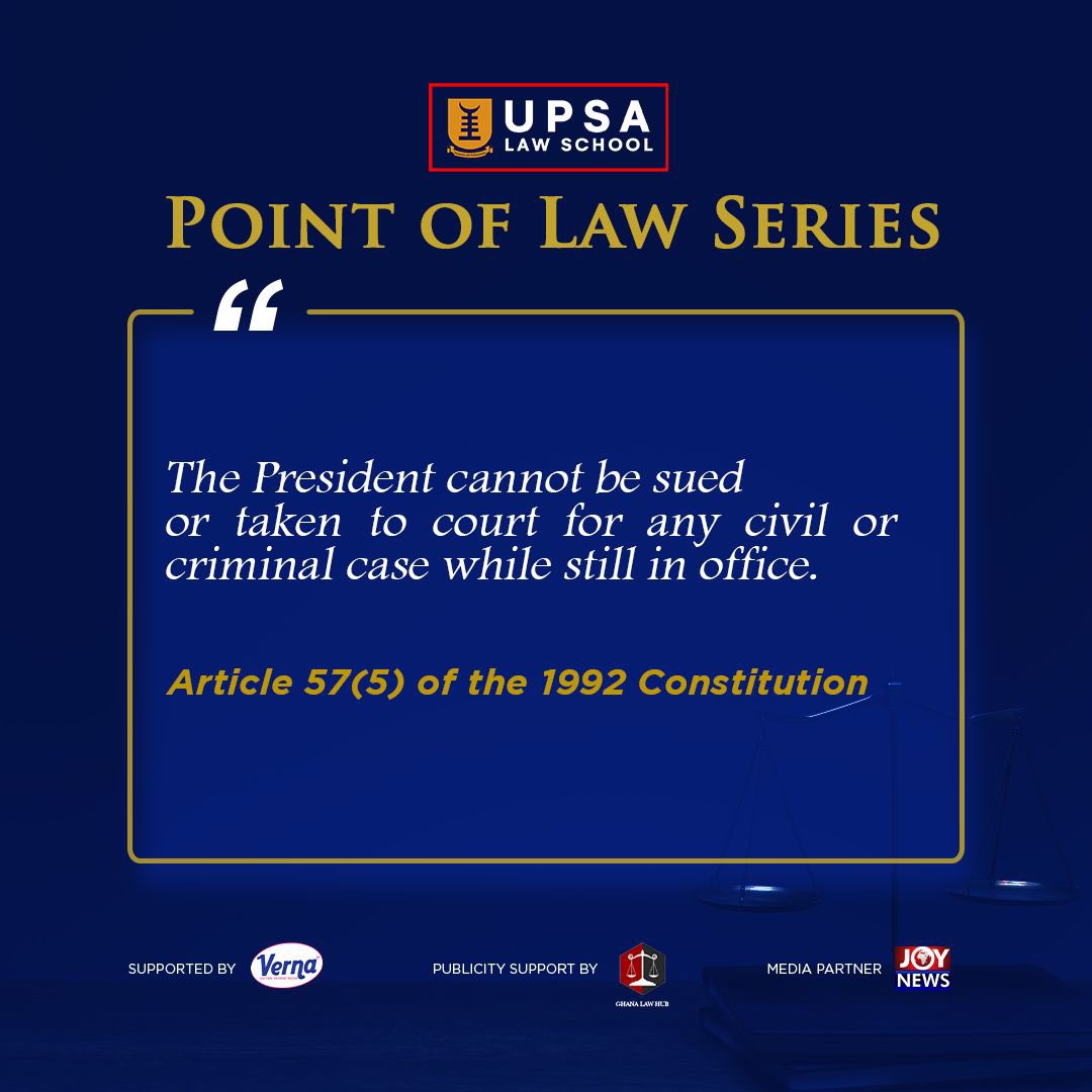 UPSALawSchool's tweet photo. Did you know?
The President is immune from any civil or criminal proceedings while in office.
#UPSA #UPSALawSchool #PointofLaw #President #Ghana #Law #PostElections https://t.co/5ndWbIsWU5