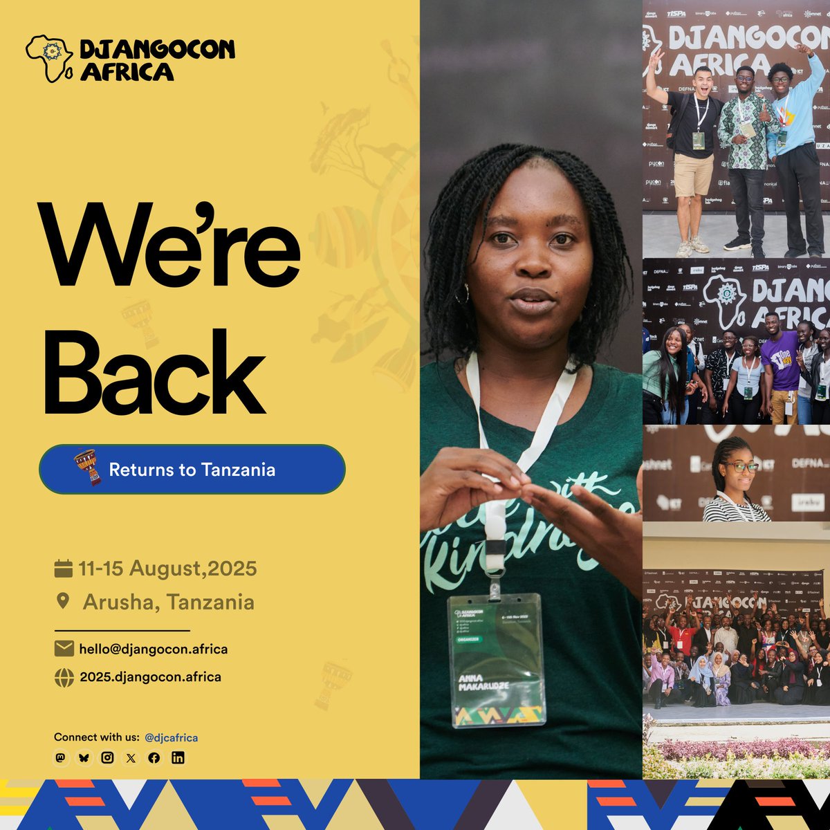 🌟🎉 #DjangoConAfrica2025 is Coming! 🎉

This year's conference will be held in Arusha Tanzania 🇹🇿  , from the 11th to 15th of August, 2025.
Check out the full announcement bit.ly/3Ca8Jfj !

🔔Watch this space for more updates!
#DjangoConAfrica  #djcafrica #djcafrica25