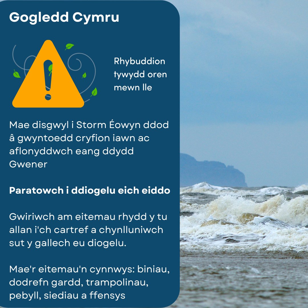 Byddwch yn ofalus drwy'r dydd yfory, gan bod rhybudd oren am wynt a glaw wedi ei roi dros Ogledd Cymru! 🟧🌧️🌬️

Am fwy o wybodaeth cliciwch yma: weather.metoffice.gov.uk/warnings-and-a…