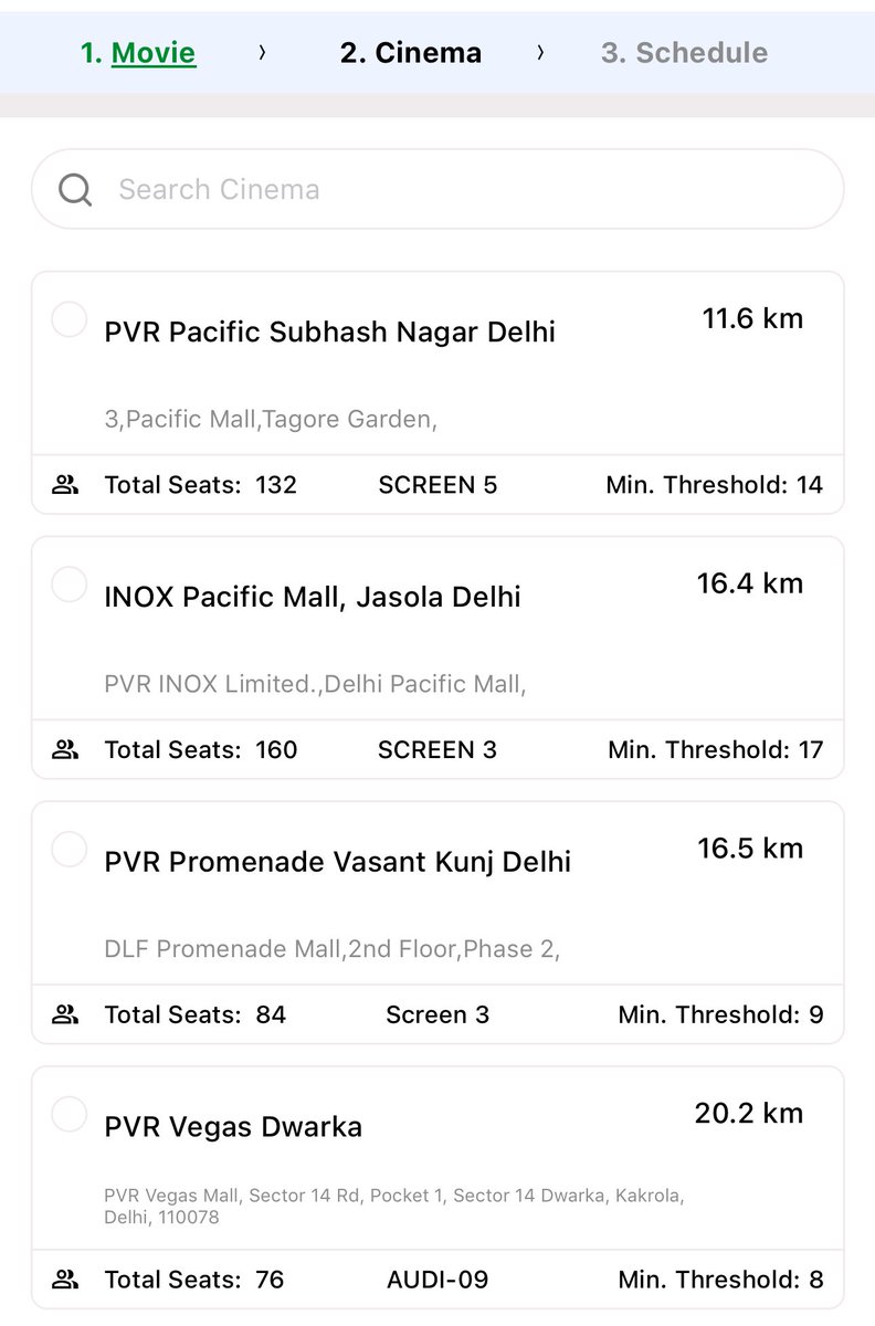 _mrchaturvedi's tweet image. Update: Threshold is different for every Audi based on its seating capacity. It seems like it’s 10% of the total capacity. An example is shown below. You can choose any movie from the catalogue by booking 2 tickets, and if it meets the threshold, the show will go live.
#ScreenIT