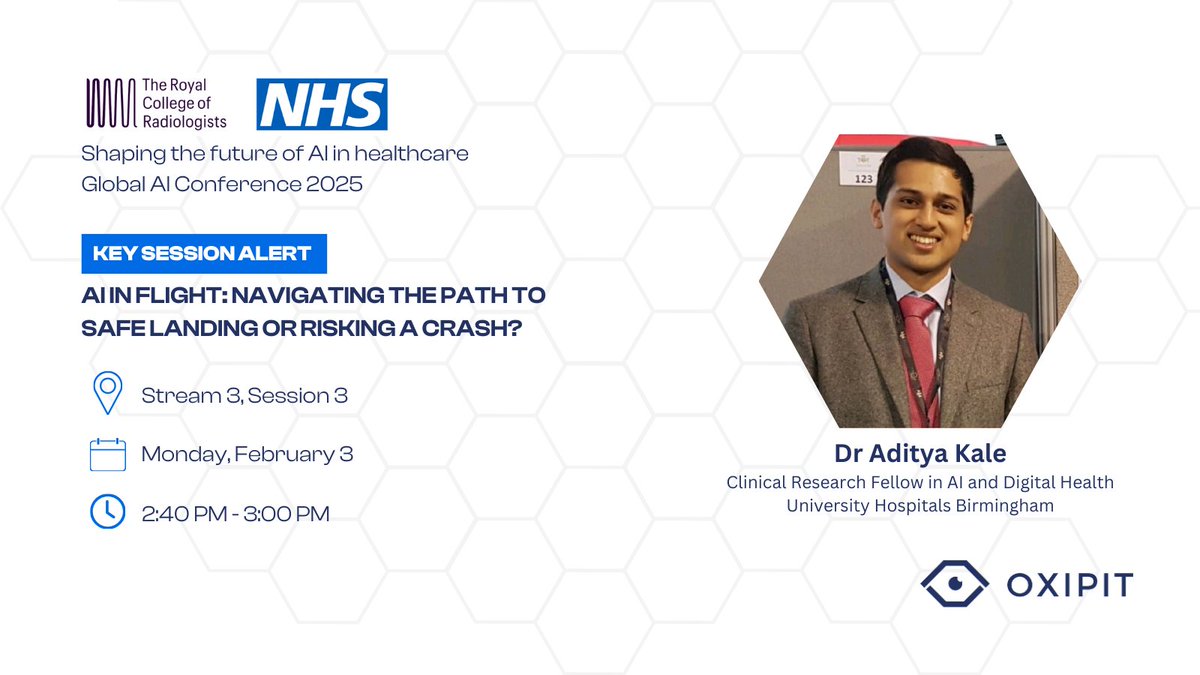 oxipit (@oxipitai) on Twitter photo We're excited to be part of Shaping the Future of AI in Healthcare w/ <a href="/RCRadiologists/">The Royal College of Radiologists</a> & <a href="/NHSEngland/">NHS England</a>! Dr <a href="/A_U_Kale/">Aditya Kale</a> will share @UHBtrust's evaluation of ChestLink at 2:40PM on Mon 3 Feb. Register now: rcraiconference.com/2025.
#AIinRadiology #MedicalImaging #Radiology #RCRGlobalAI We're excited to be part of Shaping the Future of AI in Healthcare w/ <a href="/RCRadiologists/">The Royal College of Radiologists</a> & <a href="/NHSEngland/">NHS England</a>! Dr <a href="/A_U_Kale/">Aditya Kale</a> will share @UHBtrust's evaluation of ChestLink at 2:40PM on Mon 3 Feb. Register now: rcraiconference.com/2025.
#AIinRadiology #MedicalImaging #Radiology #RCRGlobalAI