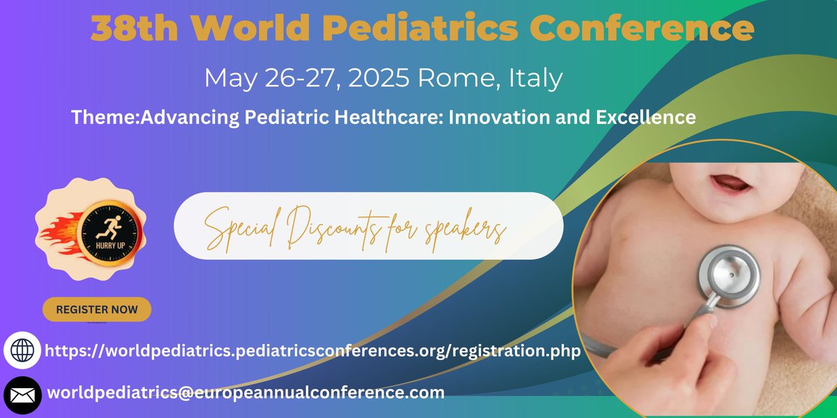 Alexand53828878's tweet photo. Join the #38thWorldPediatrics Conference in #Rome_Italy on #May26_27_2025
#SpecialDiscount for #Speakers – share your insights &amp;connect with #global experts
Secure your slot now:https://t.co/S9Jrs94Pts
#GlobalHealth #PediatricInnovation #2025Events #2025Summits #Healthconferences https://t.co/jI2794ALMC