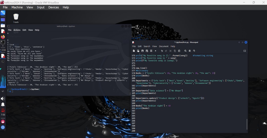 Catherine Ozioma (@cyber_rine) on Twitter photo Day 10-12
#365 days of coding
Advanced strings in python.
String splitting.
String formatting.
Dictionary in python.
Dictionary makes use of curly braces and it involves a key and its pair.
<a href="/Adanna_techie/">Adanna</a> <a href="/nnorom_uchechi/">Uchechi Nnorom</a> <a href="/Queenicea17/">Cyber Caramel_Choco🍫</a> Day 10-12
#365 days of coding
Advanced strings in python.
String splitting.
String formatting.
Dictionary in python.
Dictionary makes use of curly braces and it involves a key and its pair.
<a href="/Adanna_techie/">Adanna</a> <a href="/nnorom_uchechi/">Uchechi Nnorom</a> <a href="/Queenicea17/">Cyber Caramel_Choco🍫</a>