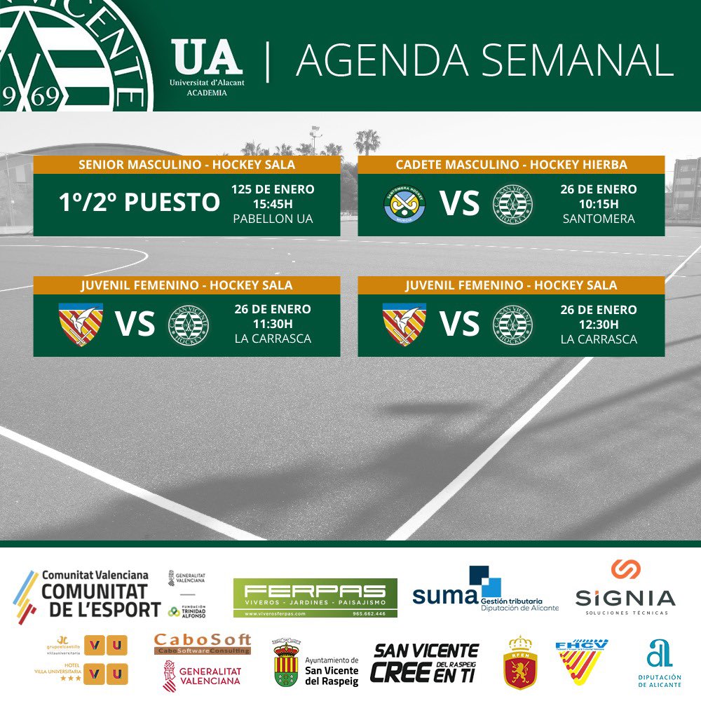 🗓️ Os dejamos por aquí todos los horarios de los partidos de este fin de semana.

#hockey #SUMAconeldeporte #hockeysanvicente #comunitatsport