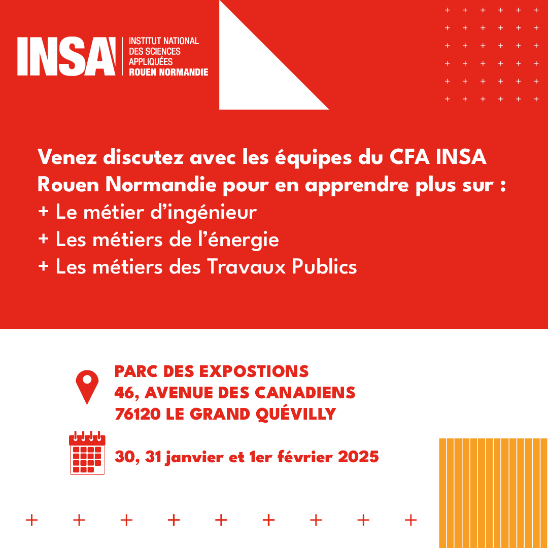 INSA Rouen Normandie (@insarouen) on Twitter photo Retrouvez-nous au Salon régional de l’orientation et des métiers !
Du 30 janvier au 1er février, l’ <a href="/insarouen/">INSA Rouen Normandie</a> sera sur tous les fronts : Énergie, Travaux Publics, Ingénierie…
Venez poser vos questions sur les différents stands et découvrez nos formations par #apprentissage. Retrouvez-nous au Salon régional de l’orientation et des métiers !
Du 30 janvier au 1er février, l’ <a href="/insarouen/">INSA Rouen Normandie</a> sera sur tous les fronts : Énergie, Travaux Publics, Ingénierie…
Venez poser vos questions sur les différents stands et découvrez nos formations par #apprentissage.