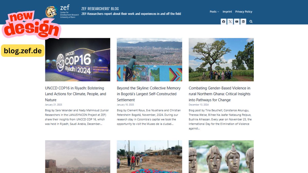 ZEFbonn's tweet photo. 🚀 Exciting news! We just dropped a fresh blog post on "UNCCD #COP16 in Riyadh: Bolstering Land Actions for Climate, People, and Nature" by @sara_velander &amp; @Nadyymahmoud AND unveiled a sleek new design for our blog page! 🎉 
➡️Check it out here: https://t.co/uzbN9jP08y https://t.co/BrhYYRpGXr