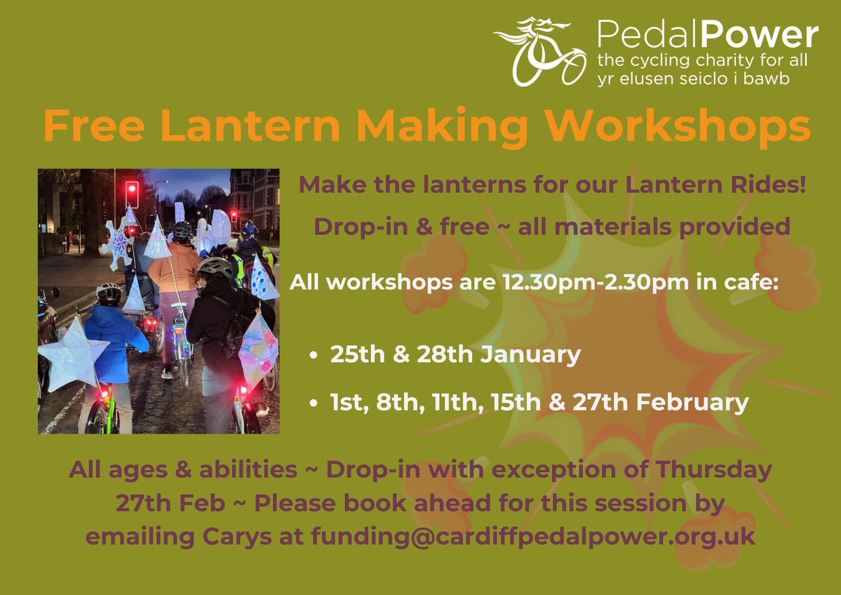 Pedal Power Cardiff (@pedalpower_diff) on Twitter photo Free!! Winter-GLOOM-BUSTING Lantern Rides. And get in the groove with our Lantern Making Workshops (funded by <a href="/cardiffcouncil/">Cardiff Council</a> ) 🙏
See posters for details or give us a call - the more the merrier! cardiffpedalpower.org Free!! Winter-GLOOM-BUSTING Lantern Rides. And get in the groove with our Lantern Making Workshops (funded by <a href="/cardiffcouncil/">Cardiff Council</a> ) 🙏
See posters for details or give us a call - the more the merrier! cardiffpedalpower.org