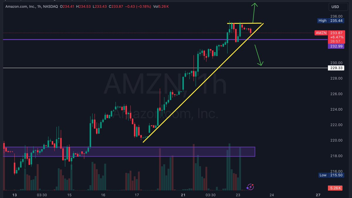 SNSTRADEZ's tweet photo. $AMZN 

$233 support holding nicely, we are bullish above it. 
$235 is a minor resistance level, if we can continue to hold this uptrend we can target new highs above $235

Please manage your risk.
This is not Financial Advice https://t.co/imaBAKQ6DZ