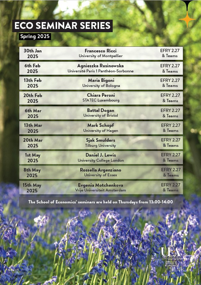 UEA Economics (@uea_economics) on Twitter photo We are pleased to announce our Spring ECO Seminar Series!๐ผ
This series features an impressive lineup of speakers and they are all going to be presenting in person (& on Teams).
If you have any questions please contact eco.reception@uea.ac.uk We are pleased to announce our Spring ECO Seminar Series!๐ผ
This series features an impressive lineup of speakers and they are all going to be presenting in person (& on Teams).
If you have any questions please contact eco.reception@uea.ac.uk