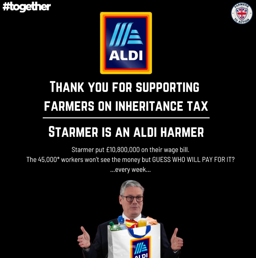 Togetherdec's tweet photo. Good @AldiUK came out supporting farmers on Family Farms Tax rethink

Along w/ @Morrisons @Tesco @asda @LidlGB @BootsUK @coopuk we hear

@Keir_Starmer @RachelReevesMP public & industry see terrible damage this would do

🚜 OUR FARMERS
🚜 YOUR FOOD
🚜 EVERYONE’s FUTURE

@FarmersToAction