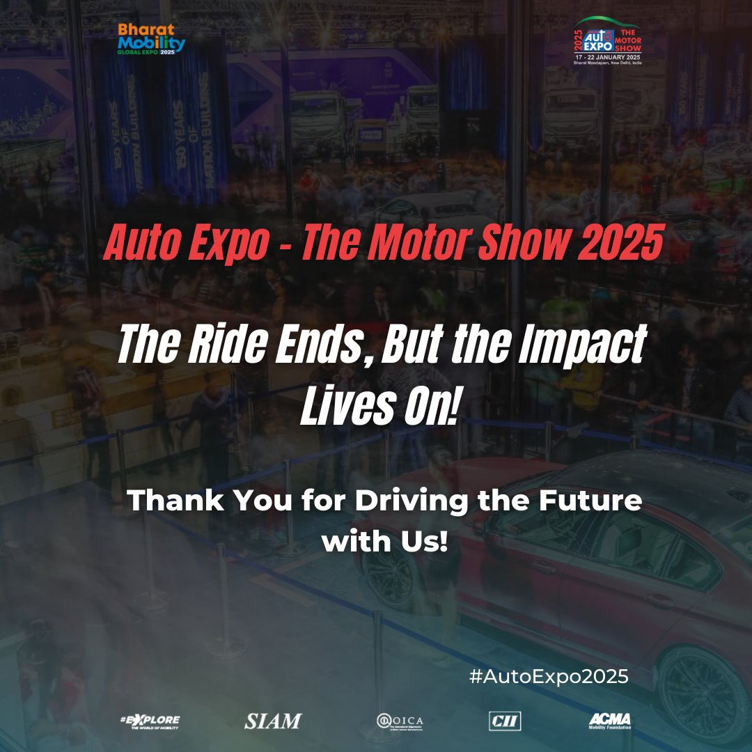AEMotorShow's tweet photo. And that’s a wrap!

Auto Expo – The Motor Show 2025 under the aegis of Bharat Mobility Global Expo 2025 has come to an end, but the innovations, inspiration, and impact will continue to shape the future of mobility. 

A huge THANK YOU to everyone who joined us in driving the future – from exhibitors to visitors, enthusiasts to experts. Your enthusiasm fuels the journey toward a sustainable and innovative tomorrow.

Let’s keep exploring, innovating, and moving forward together! See you next time. 

#AutoExpo2025 #DrivingTheFuture #BharatMobility #BharatEMobility #MobilityReimagined @bharat_mobility @siamindia @ACMAIndia @FollowCII