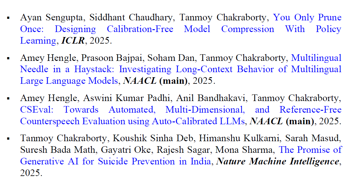 Tanmoy Chakraborty (@tanmoy_chak) on Twitter photo Kicking off the year with a bang -- 4 papers accepted in prestigious venues this month!
#ICLR2025 -- ๐๐๐ ๐๐จ๐ฆ๐ฉ๐ซ๐๐ฌ๐ฌ๐ข๐จ๐ง:
We introduce ๐๐ซ๐ฎ๐ง๐๐๐๐ญ, a novel, dataset-free policy learning approach to model pruning, achieving high compression efficiency and Kicking off the year with a bang -- 4 papers accepted in prestigious venues this month!
#ICLR2025 -- ๐๐๐ ๐๐จ๐ฆ๐ฉ๐ซ๐๐ฌ๐ฌ๐ข๐จ๐ง:
We introduce ๐๐ซ๐ฎ๐ง๐๐๐๐ญ, a novel, dataset-free policy learning approach to model pruning, achieving high compression efficiency and