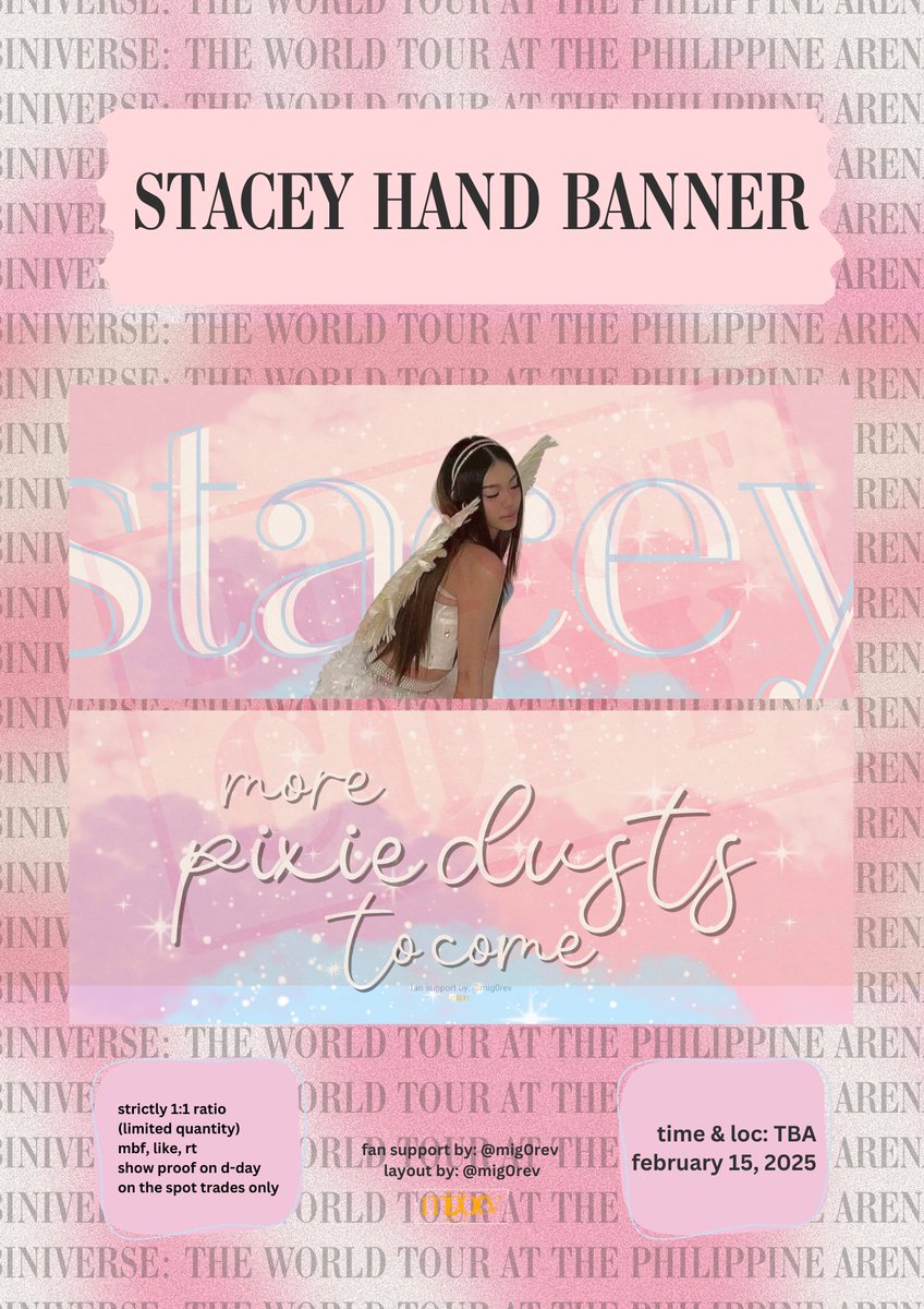 mig0rev's tweet image. ✨to more pixie dusts with you, Stacey✨

BINIverse: The World Tour fan support for #BINI_STACEY 

Mechanics: 

✨like, rt, and mbf✨
✨show proof on d-day✨
✨1:1 (limited quantity)✨
✨on the spot trades only✨

TIME &amp;amp; LOC: TBA (most prolly sa parking) 
Fan support by: @mig0rev…