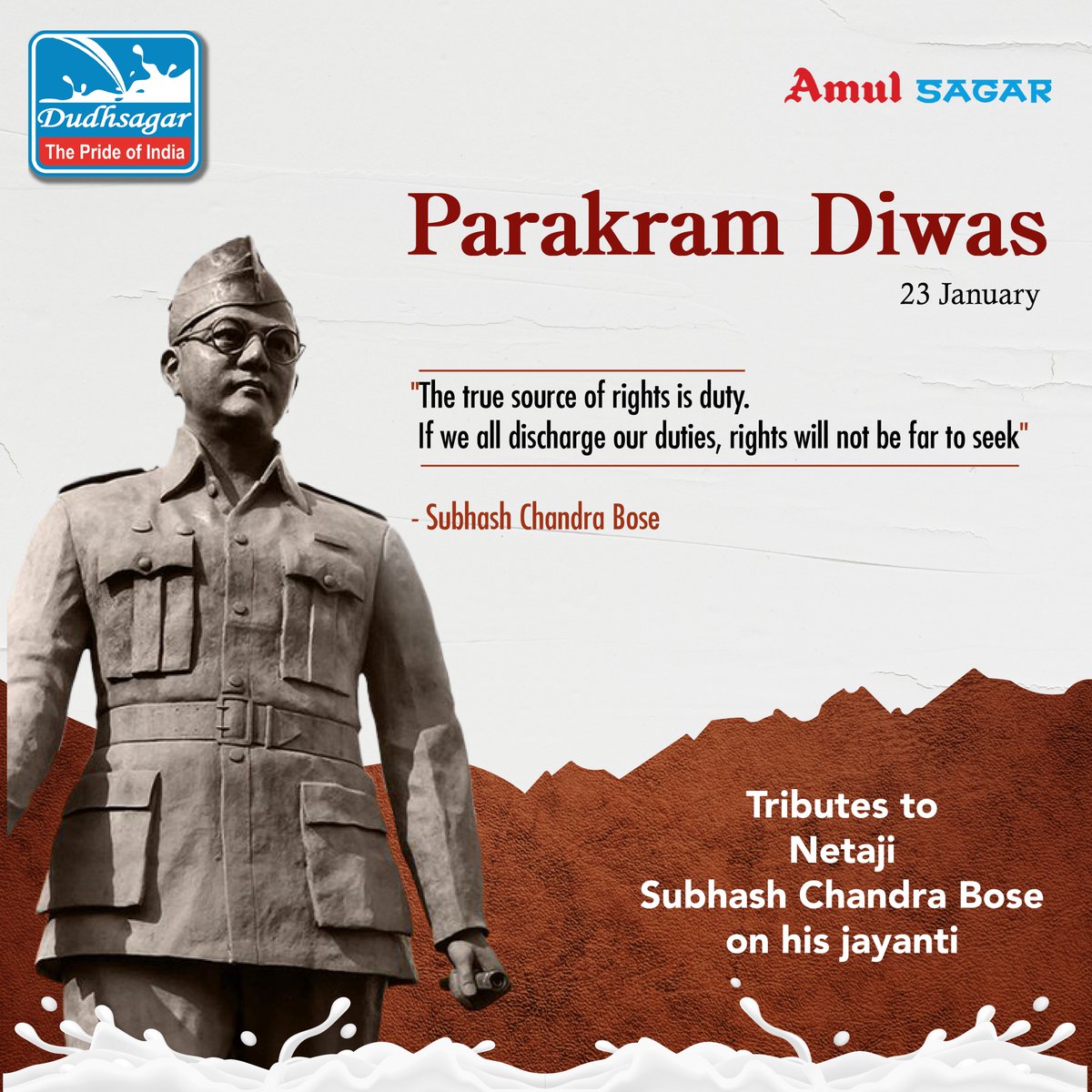 dudhsagardairy's tweet photo. Tributes to the great Subhash Chandra Bose on his Jayanti. 🙌
.
.
.
#NetajiJayanti #SubhashChandraBose #TributeToNetaji #dudhsagardairy #Amul #sagar #Milk #dairyproduct #DairyIndia #dudhsagar #sagarmilk #theprideofindia #stayhealthy #mehsana #gujarat #india #bharat https://t.co/QX9OaT8fPV