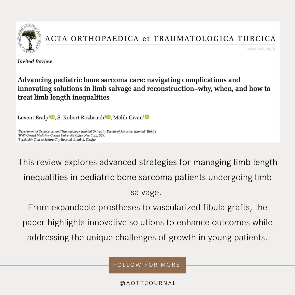 aottjournal's tweet photo. This review provides expert insights into solutions like expandable prostheses, biological reconstructions, and cutting-edge surgical techniques. Learn how multidisciplinary care is reshaping outcomes.
#LimbLength #Orthopaediconcology #BoneSarcoma #BoneTumor
#LimbSalvage https://t.co/hBfDNDwCLR