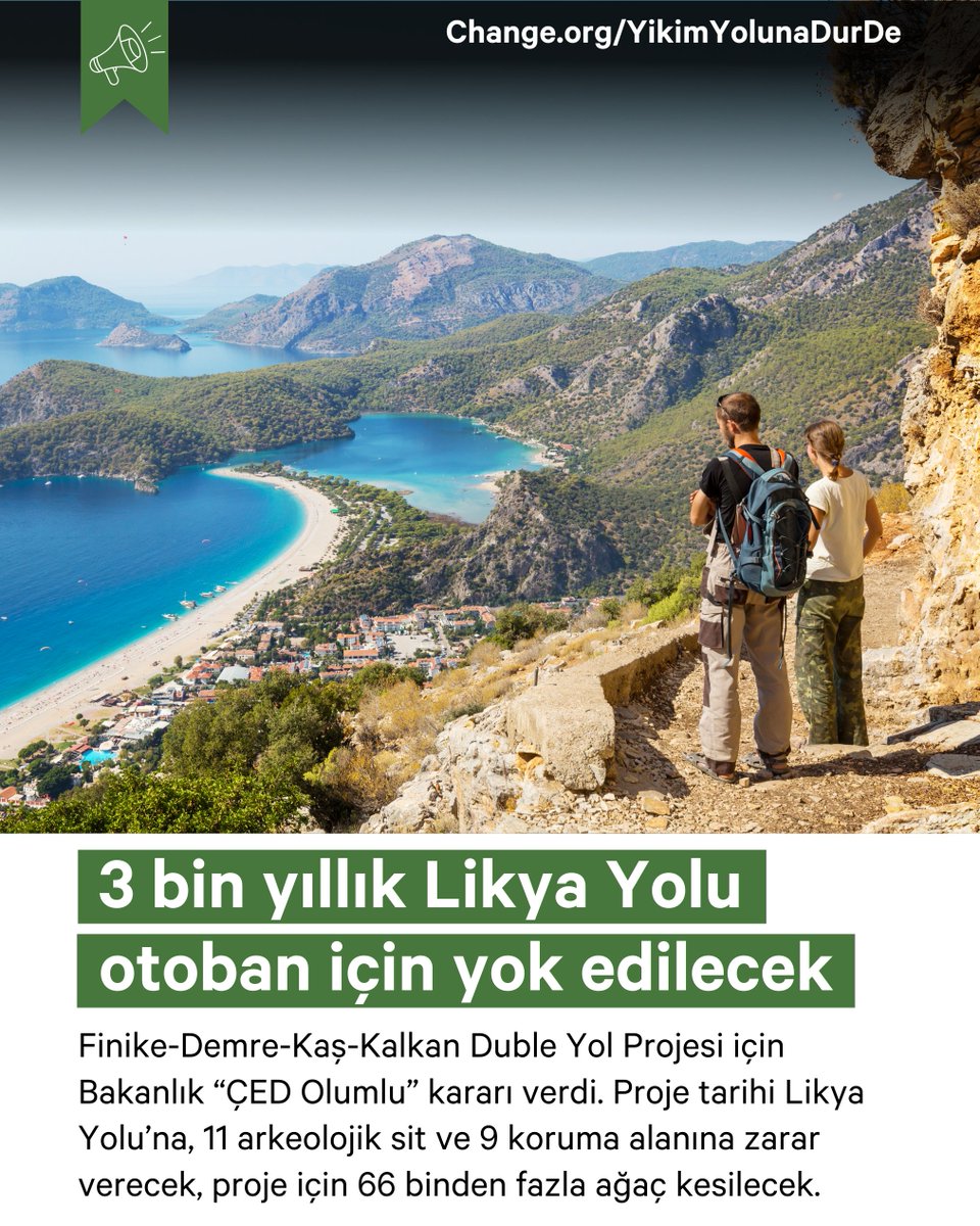 EkoAlan_'s tweet photo. Duble yıkım!

Finike-Demre-Kaş-Kalkan Duble Yol Projesi bölgenin hem tarihi dokusuna hem de doğasına zarar verecek.

➡️ 57 hektar orman alanı, 118 hektar tarım alanı, 95 hektar makilik vejetasyon alanı zarar görecek.
➡️ 66 bin 73 ağaç kesilecek.
➡️ 11 arkeolojik sit alanı, 9 korum alanı zarar görecek.

Duble Yol Projesi'nin iptal edilmesi için @kascevre  tarafından başlatılan kampanyaya destek ol.

İmzala, paylaş:
👉 https://t.co/VnFpcnC1C7