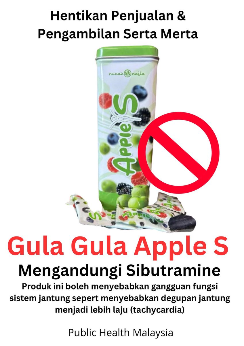 health_malaysia's tweet photo. “Nak Kurus, Tapi Nyawa Jadi Taruhan?” 

Gula-gula Apple S yang dijual sebagai “ubat kurus” sebenarnya adalah racun yang menyamar. Produk ini mengandungi sibutramine, bahan larangan yang boleh mengancam nyawa anda.

Thread. https://t.co/oCaQfIUlnb