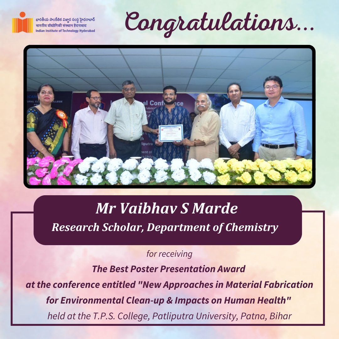 IIT Hyderabad (@iithyderabad) on Twitter photo #MomentofPride #IITHCampusCorner
<a href="/IITHyderabad/">IIT Hyderabad</a> congratulates Mr Vaibhav S Marde, a Research scholar, working under the supervision of Dr. Ashutosh Kumar Mishra, Department of Chemistry, for receiving the Best Poster Presentation Award at the conference entitled "New Approaches #MomentofPride #IITHCampusCorner
<a href="/IITHyderabad/">IIT Hyderabad</a> congratulates Mr Vaibhav S Marde, a Research scholar, working under the supervision of Dr. Ashutosh Kumar Mishra, Department of Chemistry, for receiving the Best Poster Presentation Award at the conference entitled "New Approaches