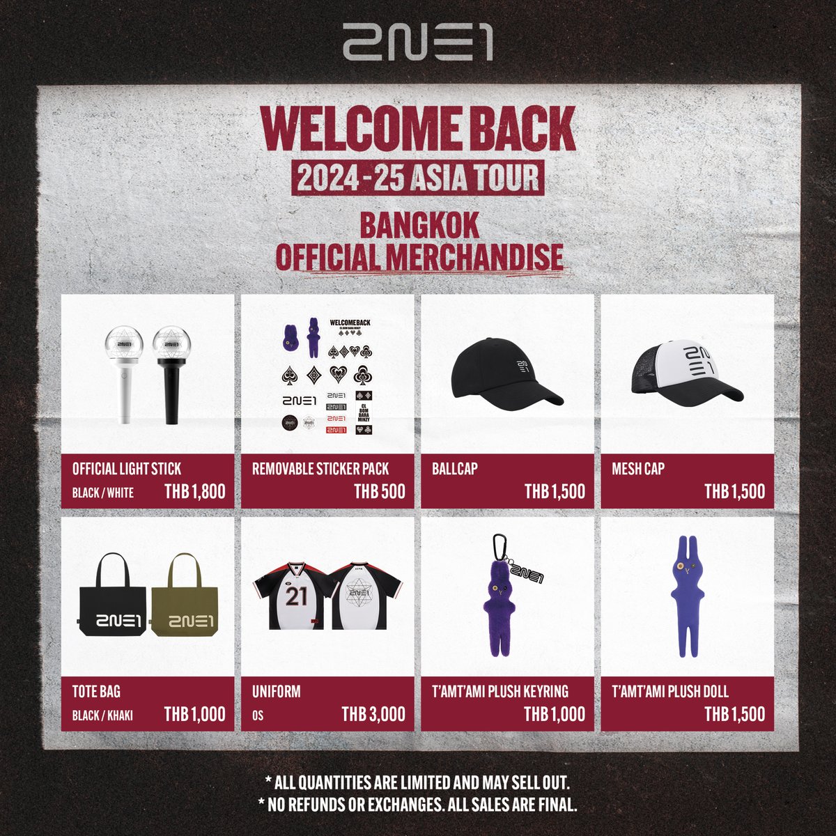 ThaiTicketMajor's tweet photo. ♠️♥️ มาแล้วววว กำเงินมาซื้อได้เลย สินค้าเท่ ๆ ฉบับตัวแม่ OFFICIAL MERCHANDISE  2024-25 2NE1 ASIA TOUR [WELCOME BACK] IN BANGKOK 25 - 26 ม.ค. 68 ที่อิมแพ็ค เอ็กซิบิชั่น ฮอลล์ 5-6 ราคาเริ่มต้น 500 บาท

⏰เวลาเปิดจำหน่ายสินค้า : 10.00 (VIP) / 16.30 (GA)
💰ชำระเงินค่าสินค้า ณ จุดขาย ด้วยเงินสด โอนจ่าย บัตรเดบิต และบัตรเครดิต
💢สินค้าซื้อแล้วกรุณาตรวจเช็คที่หน้า��ูธ เมื่อซื้อแล้วไม่รับเปลี่ยนคืน
⚠️สินค้ามีจำนวนจำกัด ไม่มีจำหน่ายทางออนไลน์

*สำหรับการซื้อสินค้า OFFICIAL MERCHANDISE ทุกการใช้จ่าย 1,800 บาท รับพวงกุญแจแบบสุ่ม 1 ชิ้น (จากทั้งหมด 2 แบบ)

1,800 บาท= รับพวงกุญแจ 1 ชิ้น
3,600 บาท = รับพวงกุญแจ 2 ชิ้น
5,400 บาท = รับพวงกุญแจ 3 ชิ้น

*หมายเหตุ ไม่สามารถรวมยอดใช้จ่ายจากหลายใบเสร็จได้

♠️♥️ANNOUNCEMENT : OFFICIAL MERCHANDISE  2024-25 2NE1 ASIA TOUR [WELCOME BACK] IN BANGKOK JAN 25 -26 AT IMPACT EXHIBITION HALL 5-6 MERCH STARTING AT 500THB

⏰MERCHANDISE BOOTH OPENS : 10.00 (VIP) / 16.30 (GA)
💰POS PAYMENT WITH CASH/TRANSFER/DEBIT CARD/CREDIT CARD ACCEPTED
💢PLEASE CHECK THE PURCHASED ITEMS CAREFULLY AT THE BOOTH ONCE PURCHASED, EXCHANGE OR REFUND IS NOT ALLOWED ONCE YOU LEAVE THE BOOTH
⚠️ LIMITED QUANTITY AND NOT AVAILABLE ONLINE

*FOR EVERY 1,800 THB. SPENT ON OFFICIAL MERCHANDISE, YOU WILL RECEIVE ONE RANDOM KEYRING FROM TWO KEYRING OPTIONS

1,800 THB. = GET 1 RANDOM KEYRING
3,600 THB. = GET 2 RANDOM KEYRINGS
5,400 THB. = GET 3 RANDOM KEYRINGS

*PLEASE NOTE THAT YOU CANNOT COMBINE THE PURCHASE AMOUNTS FROM MULTIPLE RECEIPTS

#2NE1 #ASIATOUR #WELCOMEBACK #YG #LiveNationTero #2NE1BKK2025