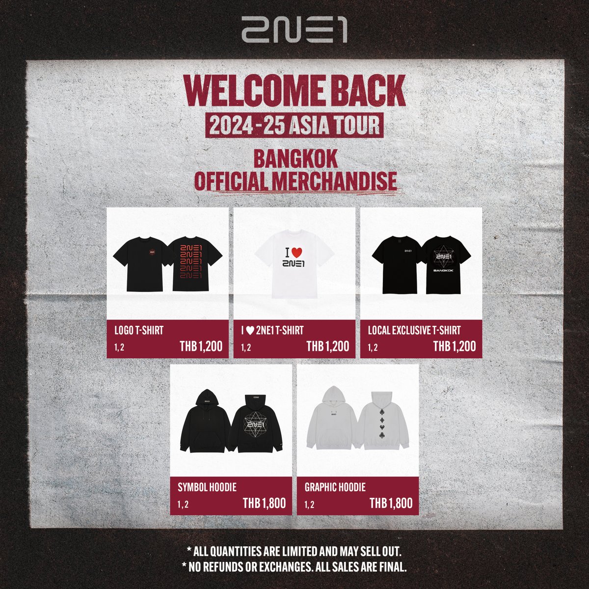 ThaiTicketMajor's tweet photo. ♠️♥️ มาแล้วววว กำเงินมาซื้อได้เลย สินค้าเท่ ๆ ฉบับตัวแม่ OFFICIAL MERCHANDISE  2024-25 2NE1 ASIA TOUR [WELCOME BACK] IN BANGKOK 25 - 26 ม.ค. 68 ที่อิมแพ็ค เอ็กซิบิชั่น ฮอลล์ 5-6 ราคาเริ่มต้น 500 บาท

⏰เวลาเปิดจำหน่ายสินค้า : 10.00 (VIP) / 16.30 (GA)
💰ชำระเงินค่าสินค้า ณ จุดขาย ด้วยเงินสด โอนจ่าย บัตรเดบิต และบัตรเครดิต
💢สินค้าซื้อแล้วกรุณาตรวจเช็คที่หน้า��ูธ เมื่อซื้อแล้วไม่รับเปลี่ยนคืน
⚠️สินค้ามีจำนวนจำกัด ไม่มีจำหน่ายทางออนไลน์

*สำหรับการซื้อสินค้า OFFICIAL MERCHANDISE ทุกการใช้จ่าย 1,800 บาท รับพวงกุญแจแบบสุ่ม 1 ชิ้น (จากทั้งหมด 2 แบบ)

1,800 บาท= รับพวงกุญแจ 1 ชิ้น
3,600 บาท = รับพวงกุญแจ 2 ชิ้น
5,400 บาท = รับพวงกุญแจ 3 ชิ้น

*หมายเหตุ ไม่สามารถรวมยอดใช้จ่ายจากหลายใบเสร็จได้

♠️♥️ANNOUNCEMENT : OFFICIAL MERCHANDISE  2024-25 2NE1 ASIA TOUR [WELCOME BACK] IN BANGKOK JAN 25 -26 AT IMPACT EXHIBITION HALL 5-6 MERCH STARTING AT 500THB

⏰MERCHANDISE BOOTH OPENS : 10.00 (VIP) / 16.30 (GA)
💰POS PAYMENT WITH CASH/TRANSFER/DEBIT CARD/CREDIT CARD ACCEPTED
💢PLEASE CHECK THE PURCHASED ITEMS CAREFULLY AT THE BOOTH ONCE PURCHASED, EXCHANGE OR REFUND IS NOT ALLOWED ONCE YOU LEAVE THE BOOTH
⚠️ LIMITED QUANTITY AND NOT AVAILABLE ONLINE

*FOR EVERY 1,800 THB. SPENT ON OFFICIAL MERCHANDISE, YOU WILL RECEIVE ONE RANDOM KEYRING FROM TWO KEYRING OPTIONS

1,800 THB. = GET 1 RANDOM KEYRING
3,600 THB. = GET 2 RANDOM KEYRINGS
5,400 THB. = GET 3 RANDOM KEYRINGS

*PLEASE NOTE THAT YOU CANNOT COMBINE THE PURCHASE AMOUNTS FROM MULTIPLE RECEIPTS

#2NE1 #ASIATOUR #WELCOMEBACK #YG #LiveNationTero #2NE1BKK2025