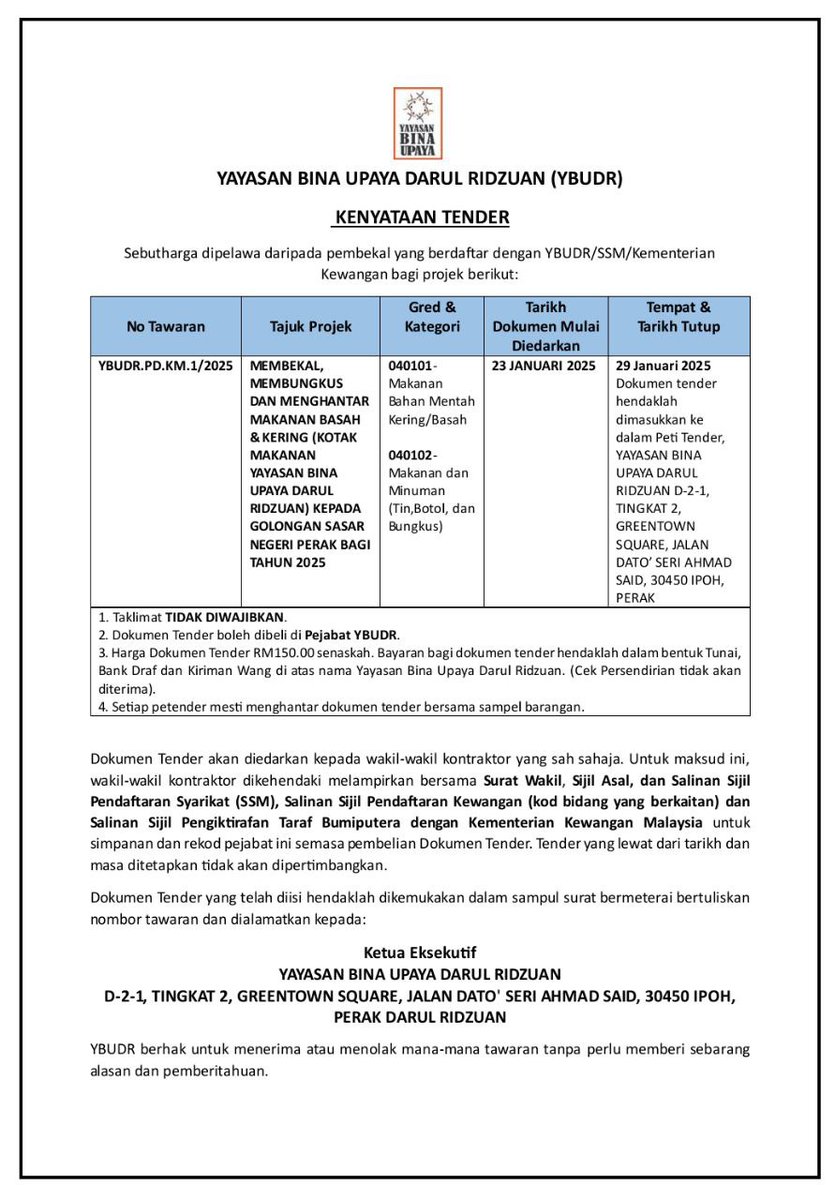 YBUDR's tweet photo. MAKLUMAN KENYATAAN TENDER
 
Dokumen tender boleh dibeli di Pejabat Urusan YBUDR pada waktu pejabat. 

#PerakSejahtera2030
#BersamaKamiMembantuMereka https://t.co/HXgGg88oGg