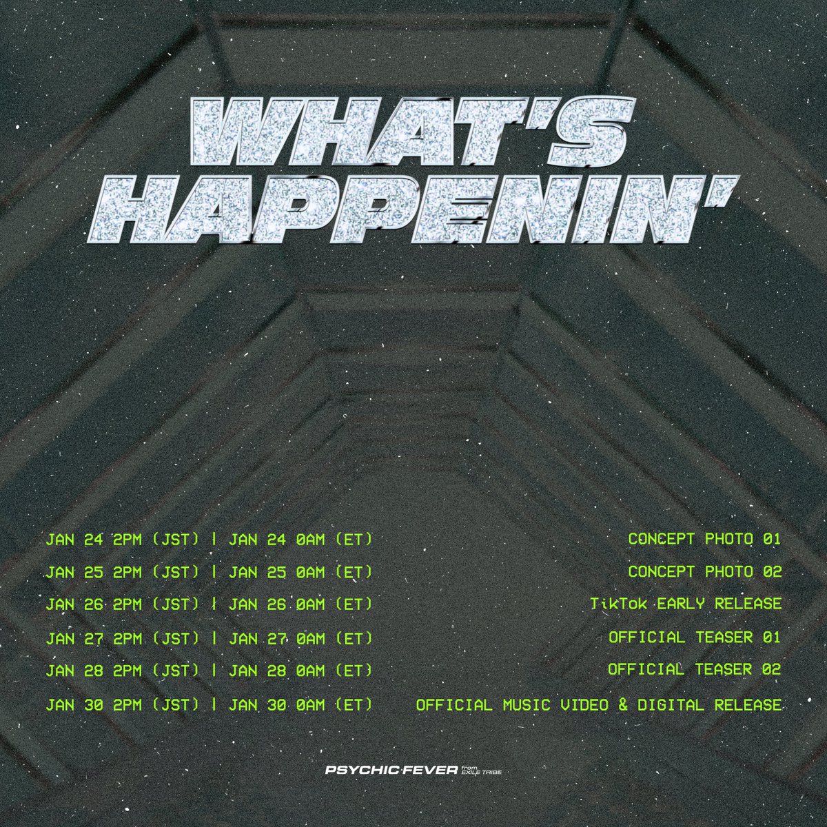 PSYCHIC FEVER OFFICIAL (@psyfe_official) on Twitter photo PSYCHIC FEVER
New Single - What's Happenin'
🎙️ Promotion Scheduler
2025.01.30 2PM (JST) / 0AM (ET)
Music Video & Digital Release
m.tribe-m.jp/news/detail?ne…
#JPTHEWAVY <a href="/Sorry_Wavy/">JP THE WAVY</a>
#PCF_WhatsHappenin
#PSYCHICFEVER PSYCHIC FEVER
New Single - What's Happenin'
🎙️ Promotion Scheduler
2025.01.30 2PM (JST) / 0AM (ET)
Music Video & Digital Release
m.tribe-m.jp/news/detail?ne…
#JPTHEWAVY <a href="/Sorry_Wavy/">JP THE WAVY</a>
#PCF_WhatsHappenin
#PSYCHICFEVER