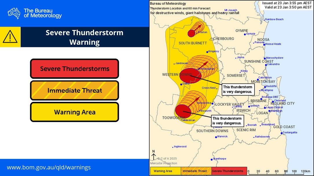BOM_Qld's tweet photo. ⚠️ VERY DANGEROUS THUNDERSTORMS are moving NE from #Dalby and #Millmerran

They may affect #Cooyar &amp; #Toowoomba in the next 30 mins; #Kingaroy, #Pittsworth, #Yarraman in next hour

Storms could produce locally destructive winds, giant hail &amp; heavy rain ⛈️

https://t.co/mRZhaEeTEJ https://t.co/g3mPr3uvj3