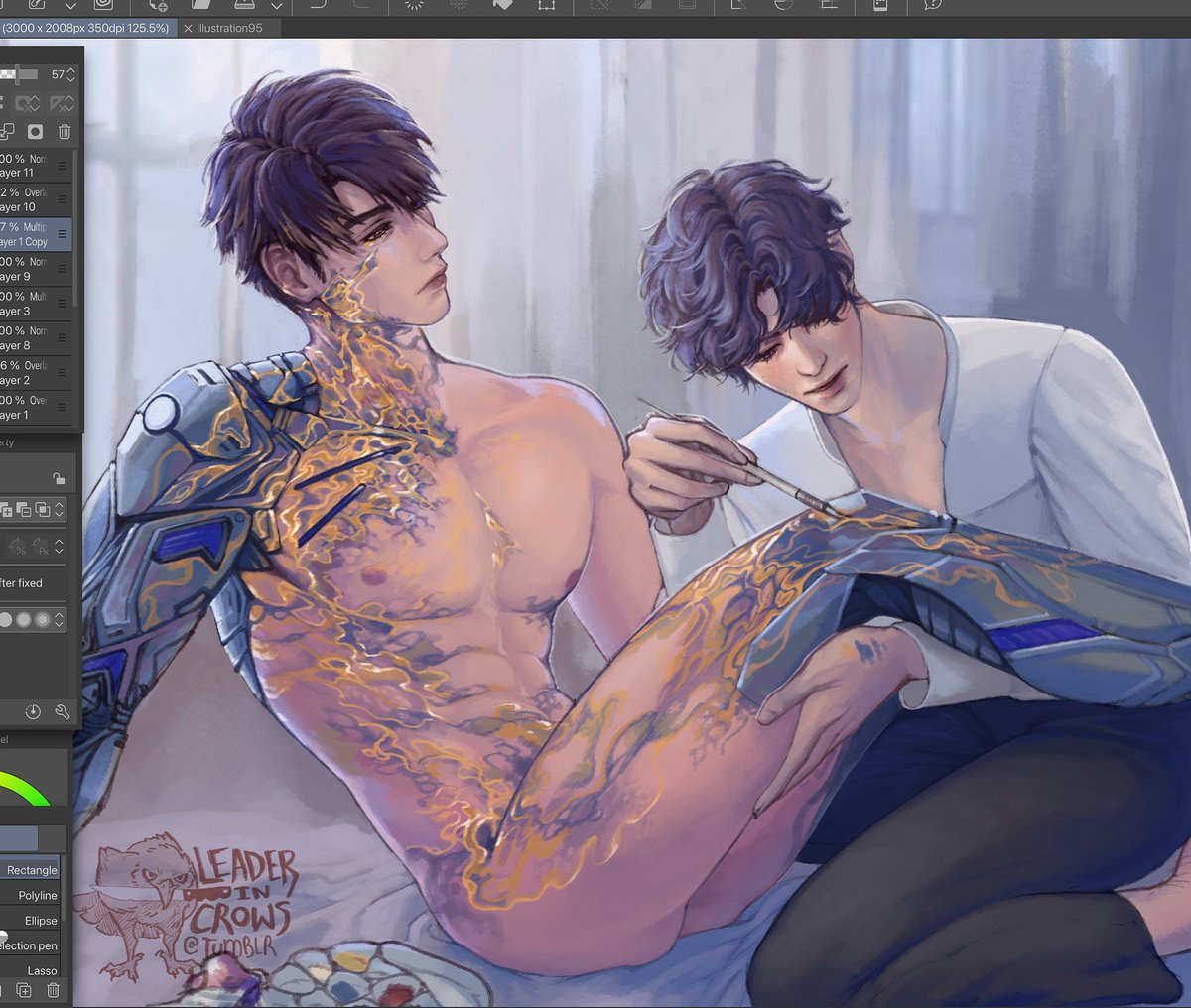 I can’t finish this but Raf painting over Caleb’s burn scars like he’s a kintsugi piece after a little day drinking