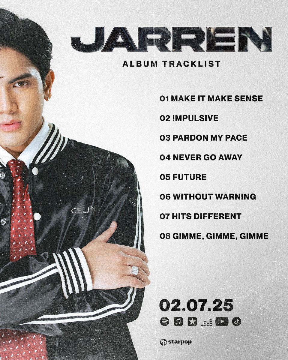 StarPopPH's tweet photo. TRACKLIST REVEAL ⛓️‍💥🖤
<JARREN Album Tracklist>

@jarrenglorious' self-titled debut album is coming to life! Which song are you looking forward to? 🤨

Pre-order now on @iTunes: https://t.co/xki52Z9Bs3

#JARREN #JARREN_Album #StarPopPH https://t.co/WUEObMwjme