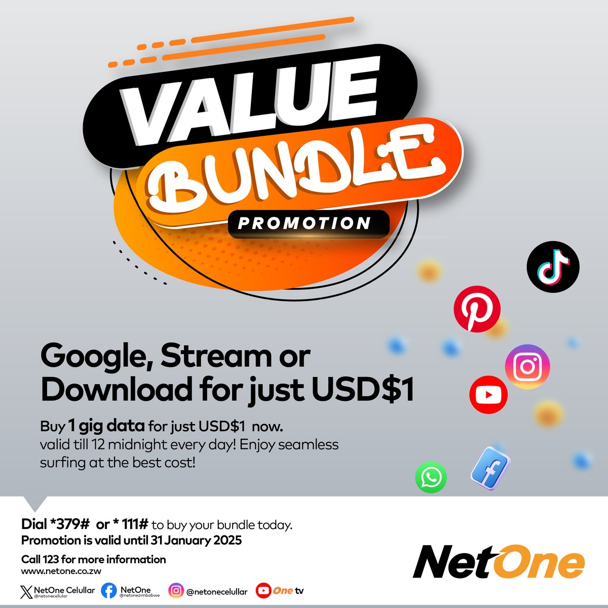 NetOneCellular's tweet image. Value Bundle Promotion! ⚡ Google, Stream, Download all day for just $1!

Valid till midnight daily, but hurry, deal ends January 31st! ⏳

#NetOne #ValueBundle