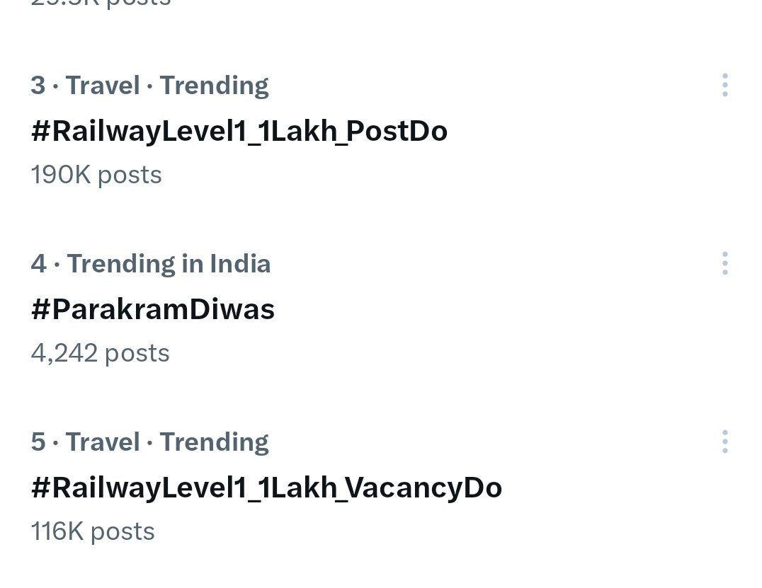 3 व 5 नबर पर ट्रेड्स कर रहे दोनों हेस्टेग, दोनों का ही उपयोग कीजिये, ज्यादा से ज्यादा रीट्वीट कीजिये 
#RailwayLevel1_1Lakh_VacancyDo 
#RailwayLevel1_1Lakh_PostDo