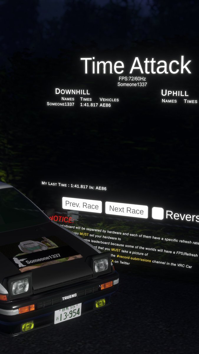 Tsukuba Fruits Line / Downhill / AE86 / 1:41.817 / Desktop / Someone1337

#VRC_TA