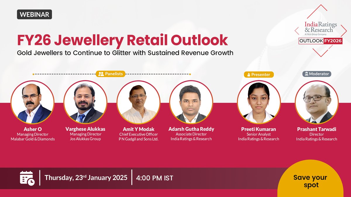 IndiaRatings's tweet photo. #FinalReminder

Join us for an exclusive webinar on 'FY26 Jewellery Retail Outlook’

Date: Thursday, 23rd January, 2025
Time: 4:00 PM 

To secure your spot, register now using the following link: https://t.co/Np37UzEfU7

Please Note: Registration is mandatory

We look forward to your active participation in this insightful session.

#IndiaRatings #IndiaRatingsWebinar #Webinar #Jewellery #Retail